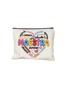 Ensemble de sac de maquillage thème Maestra, cadeau de la fête des enseignants espagnols, sac de maquillage en canevas avec fermeture éclair imprimé cœur floral "Gracias Maestra", sac de maquillage motif lettre Maestra, sac de maquillage femme avec fermeture éclair imprimé floral, cadeau pour elle, convient pour le rangement de cosmétiques pour femmes, le rangement de cosmétiques en dortoir universitaire, les voyages pour femmes, sac cadeau, sac cadeau pour la fête des enseignants - Multicolore - Voir 12