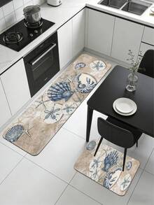 1pc Nautical Style Blue & White Shell Diatom Mud Kitchen Mat, Rubber Non-Slip Bottom, Water-Absorbent & Oil-Resistant, 3.5mm Thick, Trimmable, Fresh Ocean Home Decor For Kitchen, Bathroom, Hallway, Living Room, Universal Large Rug - Multicolor - View 2