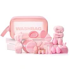 47 pièces Ensemble d'outils de maquillage tout-en-un, 18 pièces Pinceaux de maquillage doux, Sac cosmétique zippé étanche, Éponges de maquillage, Diverses houppettes, Éponges nettoyantes, Bandeau, Sangles pour les mains, Nettoyants doubles et outil facial en silicone - Multicolore - Voir 14
