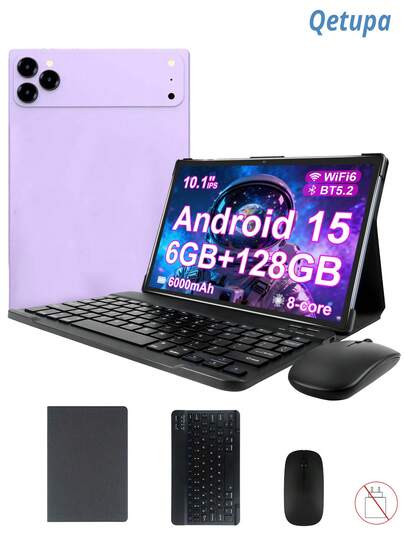  Qetupa Tablet PC Android 15 de 10.1 pulgadas, con funda protectora, teclado y ratón, 6GB RAM + 128GB ROM (compatible con tarjeta SD de hasta 1TB), procesador Octa-Core MTK6771 de 2.0GHz, pantalla táctil IPS HD (1280x800), cámara frontal de 5MP y cámara trasera de 8MP, batería de 6000mAh, Bluetooth 5.2, Wi-Fi 6 802.11ax, GPS, puerto de carga Tipo C, sin soporte para tarjeta SIM - Ligero y portátil