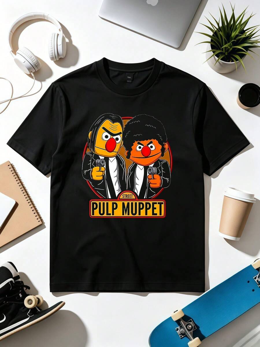 Modische Herrenbekleidung, atmungsaktives T-Shirt mit Sesames Streets-Print, lässiges Baumwoll-T-Shirt. Weicher Stoff, lockeres, alltagstaugliches T-Shirt. - Schwarz - Übersicht 1