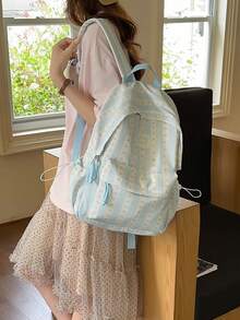 Cute Bow Striped Contrast Color Side Pocket Drawstring Multi-Pocket Large Capacity Water-Resistant Backpack, Casual College Style Bookbag Fits Books & Study Materials, Ideal For School, Commute, Travel - Multicolor - View 2