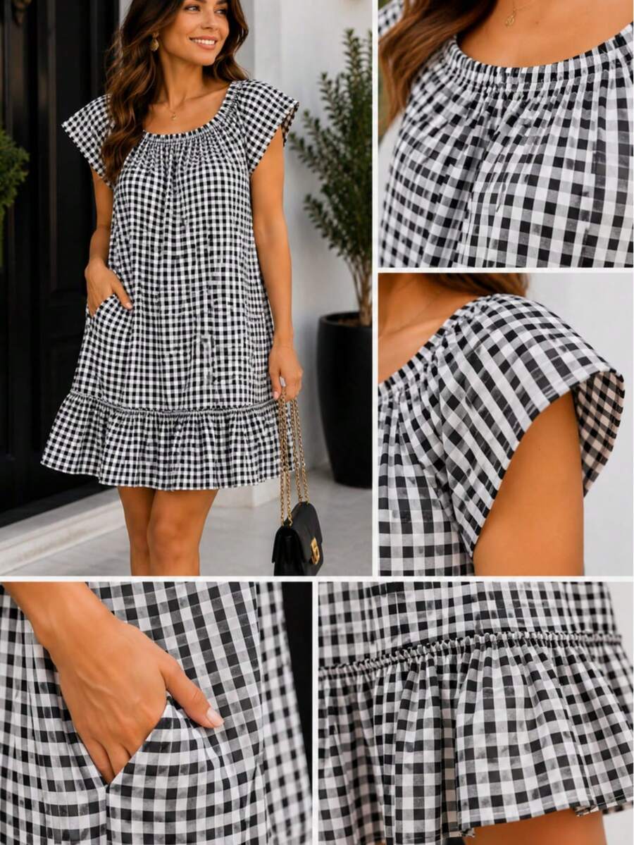 Casual Short Dress With Front Buttons, Long Sleeves, And A Plaid Print. - 白色 - 查看 1