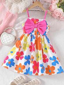 Young Girls Cute Floral Spaghetti Strap Big Bow Tie Vacation Style Sundress For Summer - Multicolor - View 1