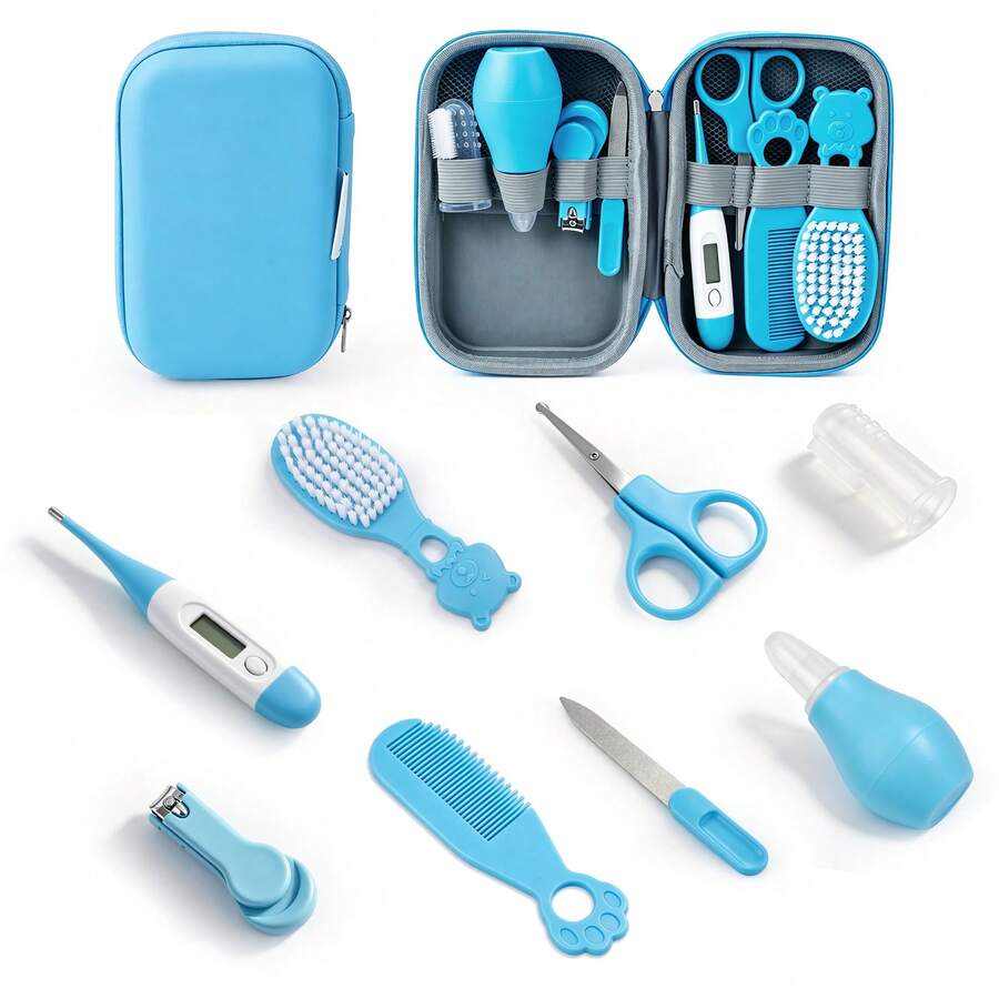 All-In-One Baby Grooming Kit, 8-In-1 Infant Care Set With Hair Brush, Comb, Safety Nail Clipper Essentials For Boys & Girls (0-3 Years) - 藍色 - 查看 1