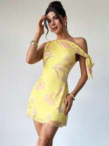 Vestido mini elegante y sexy de flores con hombros descubiertos para vacaciones, vestido de malla floral, vestido con cuello asimétrico, para primavera/verano, atuendo de playa, elegante, sexy, vacaciones, playa, Hawái, cita, fiesta, festival de música, graduación, baile de graduación - Amarillo 3 - Ver 6