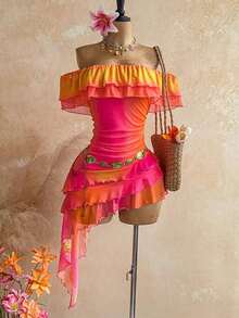 Spring & Summer Vacation Knit Mesh Strapless Fitted Multilayer Ruffle Asymmetric Hem Dress, Suitable For Garden Party, Tea Party, Flower Arranging, Date, Bohemian, Boho, Vacation,Summer Dresses For Women - Multicolor - View 8