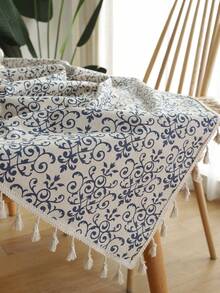 Mantel con borlas con estampado floral bohemio, mantel rectangular con aspecto de lino rústico para mesa de comedor, cocina, boda, fiesta y decoración del hogar - Multicolor - Ver 4