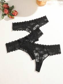 3件組女款多色蕾絲舒適低腰性感丁字褲 - 黑色 - 查看 4