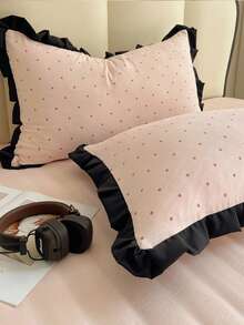 Pink Polka Dot Ruffle Edge 4-Piece Duvet Cover Set, Soft And Comfortable Bedroom Bedding, Ruffle Design, Breathable And Soft All-Season Bedding Set, Includes 1 Duvet Cover, 1 Bed Sheet, 2 Pillowcases, No Fill, Suitable For Dorm, Bedroom, Home Use, Multiple Size Options - Baby Pink - View 7