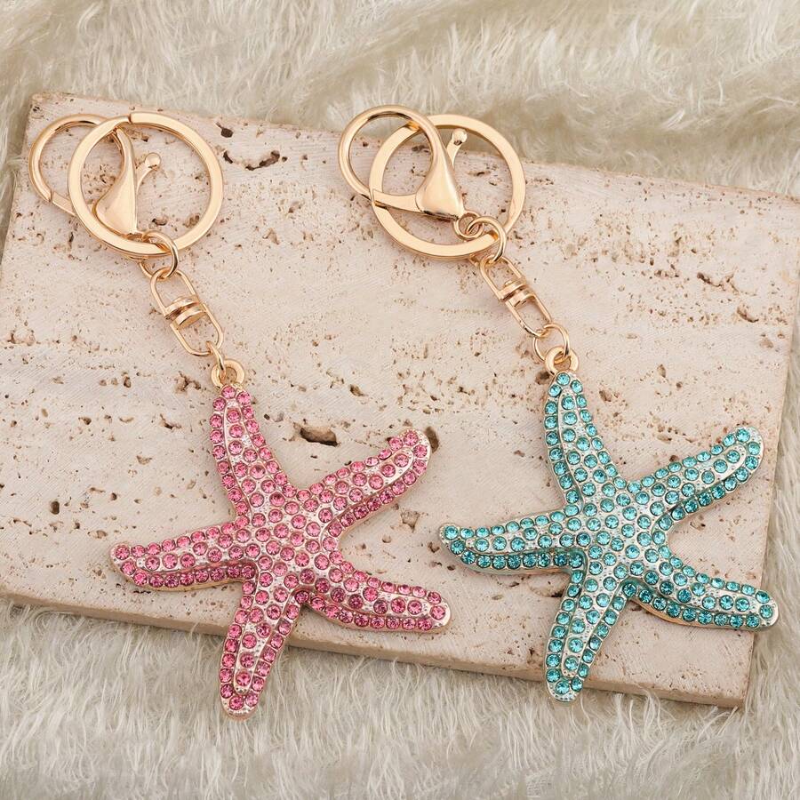 Llavero de lujo con forma de estrella de mar brillante con cristales, estilo playa y océano con strass, accesorio elegante para bolso, regalo para vacaciones de verano y uso diario