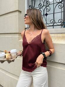 Camiseta de mujer con encaje de contraste, versátil y de moda - Rojo - Ver 1