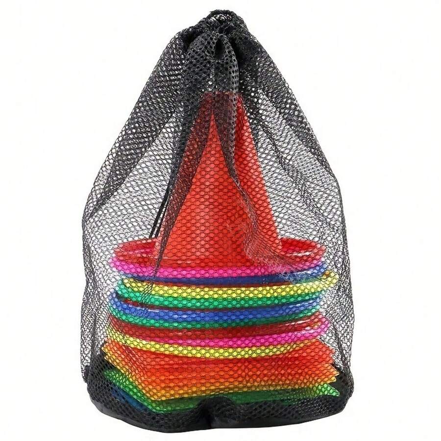 Agility Training Cone Pyramid Football Marker Posts (6 Cones, 10 Circles, 1 Bag), With Storage Mesh Bag, Multi-Colored Plastic Sports Cones, Suitable For Football, Basketball, Physical Training, And Coaching Equipment - Multicolor - View 1