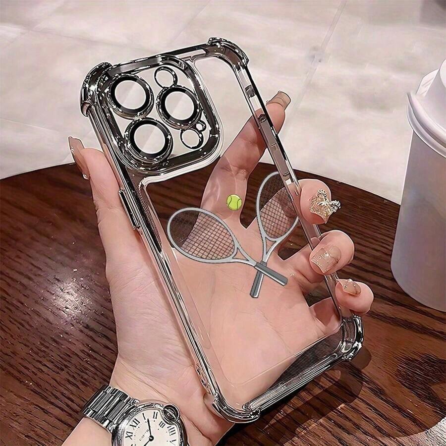 Phone Case - Tennis Racket Design With UV Printing And Clear Electroplating, Equipped With Anti-Drop Protection On The Four Corners And Lens Protection, Offering Comprehensive 360-Degree Protection. - Silver - View 1