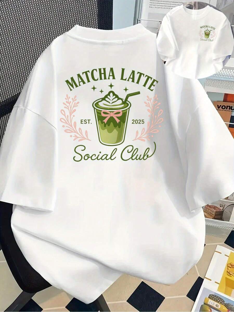 Printed On The Front And Back, Fashionable Short-Sleeved T-Shirt, A Summer Essential, MATCHA LATTE, EST. Women's Casual Long-Sleeved Round Neck Printed Top 2025 - Women's Clothing, Comfortable Fit, Classic Design - 白色 - 查看 1