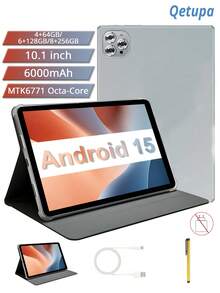 Qetupa M9-4 安卓 15 10.1 英寸平板电脑，配备保护套和手写笔，搭载 MTK 6771 八核 2.0GHz 处理器，提供三种存储配置：4GB RAM + 64GB ROM / 6GB RAM + 128GB ROM / 8GB RAM + 256GB ROM（支持最高 1TB SD 卡扩展），配备 1280x800 高清 IPS 触控屏、5MP+13MP 双摄像头、6000mAh 大容量电池、Type-C 接口、802.11ax Wi-Fi 6 和 GPS。 - 銀色 - 查看 2