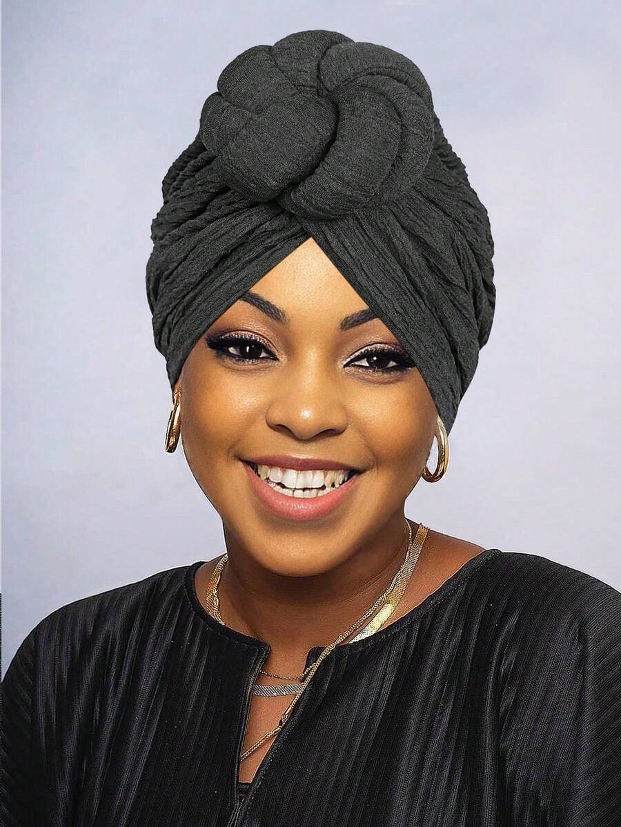 Awegeo 1Pc Women's Solid Color Frontal Handmade Flower Knot African Fashion Turban Hat, Casual Comfortable Breathable Premium Daily Headscarf - A - View 1