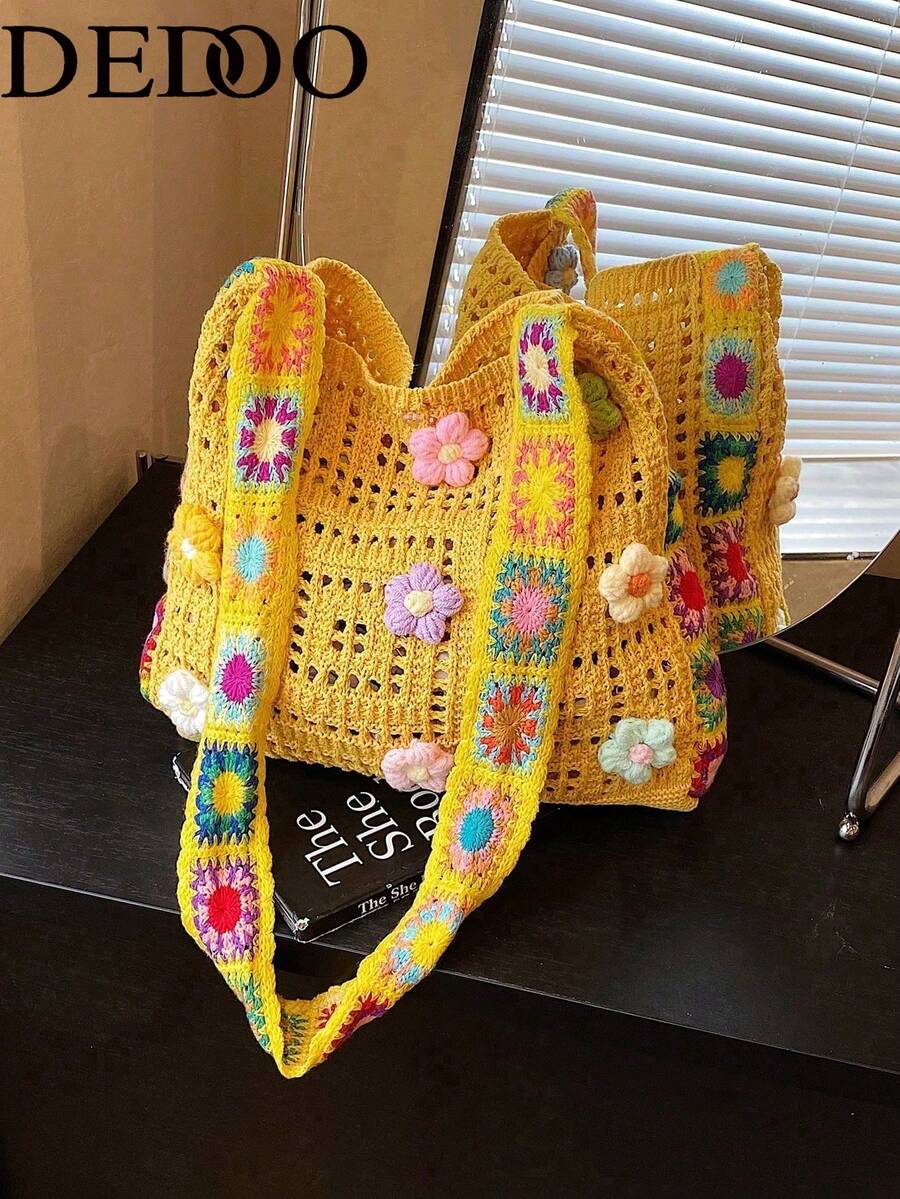 Dedoo Bohemian Style Women's Tote Bag, Large Capacity Open-Top Handbag, Beach Bag, Travel Accessory, Woven Texture, Suitable For Work, School, Beach, Crochet, Holiday (Flower Color/Position Random) (Strap Color/Pattern Random)