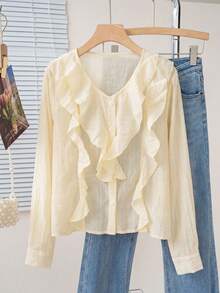 This Elegant And Sweet, Textured Ruffled V-Neck Casual Shirt With Puffed Sleeves Is The Perfect Choice For An Outdoor Brunch In Spring/Summer 2026. - Light Yellow - View 9