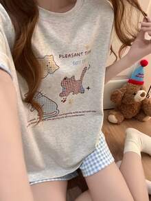 2pcs/Set Women's Pajama Loungewear Set, Cute Kitten Print Minimalist Casual Style, Shorts Comfortable Fashionable, Suitable For Spring And Summer - Multicolor - View 10