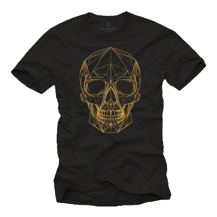 Camiseta de Calavera para Hombre - Líneas Amarillo Oro Fino - Diseño Gráfico Vintage Estilo Tatuaje - Camisetas de Calavera Rock para Hombre con Estampado S-5XL - Negro - Ver 1