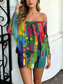 Women's Strapless Long-Sleeve Bodycon Dress, 3D Print Colorful Abstract Geometric Shapes Pattern Print Daily Leisure, Slim Fit, Comfortable And Breathable, Suitable For Spring, Summer, And Autumn - 風格 - 查看 3