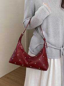 BEIKAMU Fashion Rivet Decor PU Crossbody Bag, Adjustable Shoulder Strap Zipper Closure Versatile Shoulder Bag Satchel, Suitable For University, Commuting, Shopping, Strolling, Daily Use - Burgundy - View 8