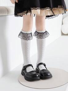 3双女童过膝袜，纯白、条纹、双条纹、大蕾丝边、小蕾丝边、荷叶边、蝴蝶结、直筒款式，可爱公主学院风，适合春秋季节穿着，日常蕾丝袜、派对公主袜、节日、返校季皆宜，精致可爱百搭，可搭配皮鞋、运动鞋、乐福鞋，适合返校季、学生、新学期、大学等场合。 - 彩色 - 查看 5