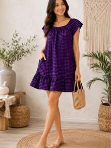 Casual Short Dress With Front Buttons, Long Sleeves, And A Plaid Print. - 紫色 - 查看 3