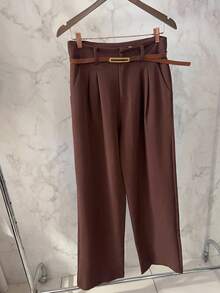 Women's Set: Sleeveless Round Neck Solid Color Top For Summer And Wide-Leg Pants With Belt And Pocket - Chocolate Brown - View 6