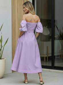 Women's Off Shoulder Long Dress Adjustable Belt Puff Sleeve - Lilac Purple - View 4