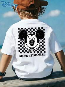 Disney Mickey Mouse Checkered Design Double-Sided Print Children's T-Shirt, Short-Sleeved Casual Top, Cute Themed Print T-Shirt, Suitable For Everyday Wear, School Activities, Family Outings, Theme Park Visits And Holiday Gifts, Shipped From Local Warehouse. - 白色 - 查看 3