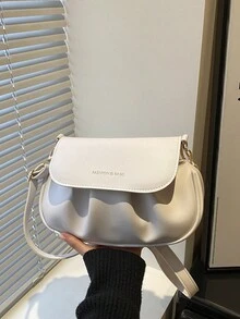 时尚纯色简约褶皱翻盖PU单肩包，便携斜挎包，适合女性购物、工作、约会和日常使用。 - 白色 - 查看 2