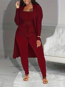 Casual Ribbed 3-Piece Set, Crop Top+High Waisted Drawstring Pants+Long Cardigan, Women's Clothing - Burgundy - View 9
