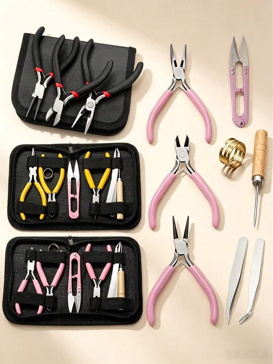 8件套高级钳子工具套装,包括3把多功能珠宝制作钳、2把镊子、1把锥形钳、1把U型剪钳和1把戒指开口器。适用于串珠、手工制作、缠绕和DIY珠宝制作,非常适合初学者和专业人士。 - 8件工具包套裝 - 查看 1
