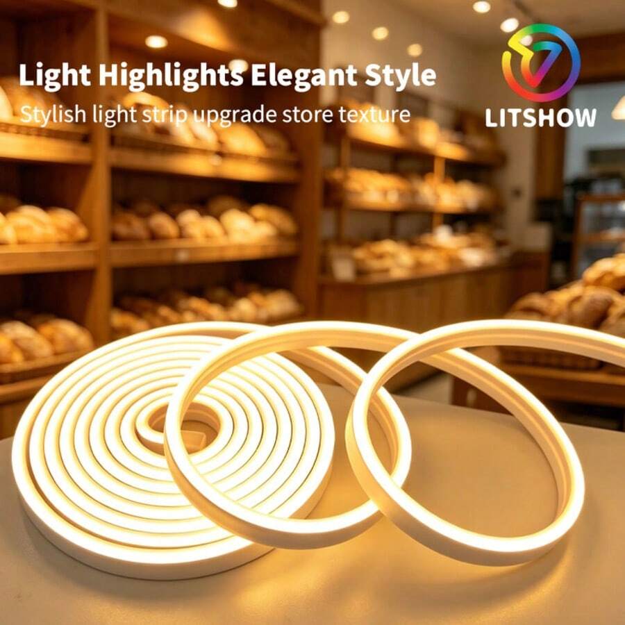 LITSHOW 矽膠LED霓虹燈條,IP67防水柔性霓虹繩燈,可裁剪3000K暖白色亮白色線性照明,適用於臥室牆面裝飾、客廳、陽台氛圍照明 - 按鈕開關 - 查看 1