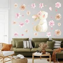 Cute Rabbit, Butterfly & Floral Cartoon Wall Stickers, Self-Adhesive Wallpaper Decor For Bedroom, Nursery - A - View 3