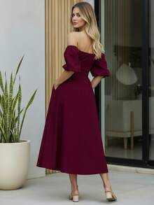 Women's Off-The-Shoulder Long Dress With Adjustable Belt And Puff Sleeves - Wine - View 4