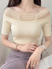 French Elegant Off Shoulder Mesh Splice Beaded Knit Sweater, Versatile Fitted Crop Top For Work, Dating, Vacation Summer - Apricot - View 3