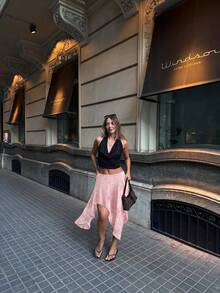Women's Fashion, Summer, Asymmetrical Hem, Knee-Length Bohemian Skirt, Pink Floral Print, Elegant & Sexy, Suitable For Beach, Vacation, Date - Pink - View 6