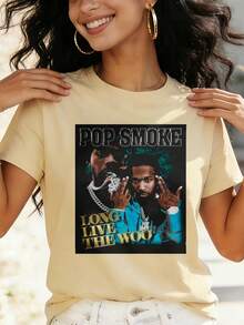 Pop Smoke Larga Vida Al Woo Estampado digital Manga corta Unisex Algodón puro Holgado y cómodo - Albaricoque - Ver 8