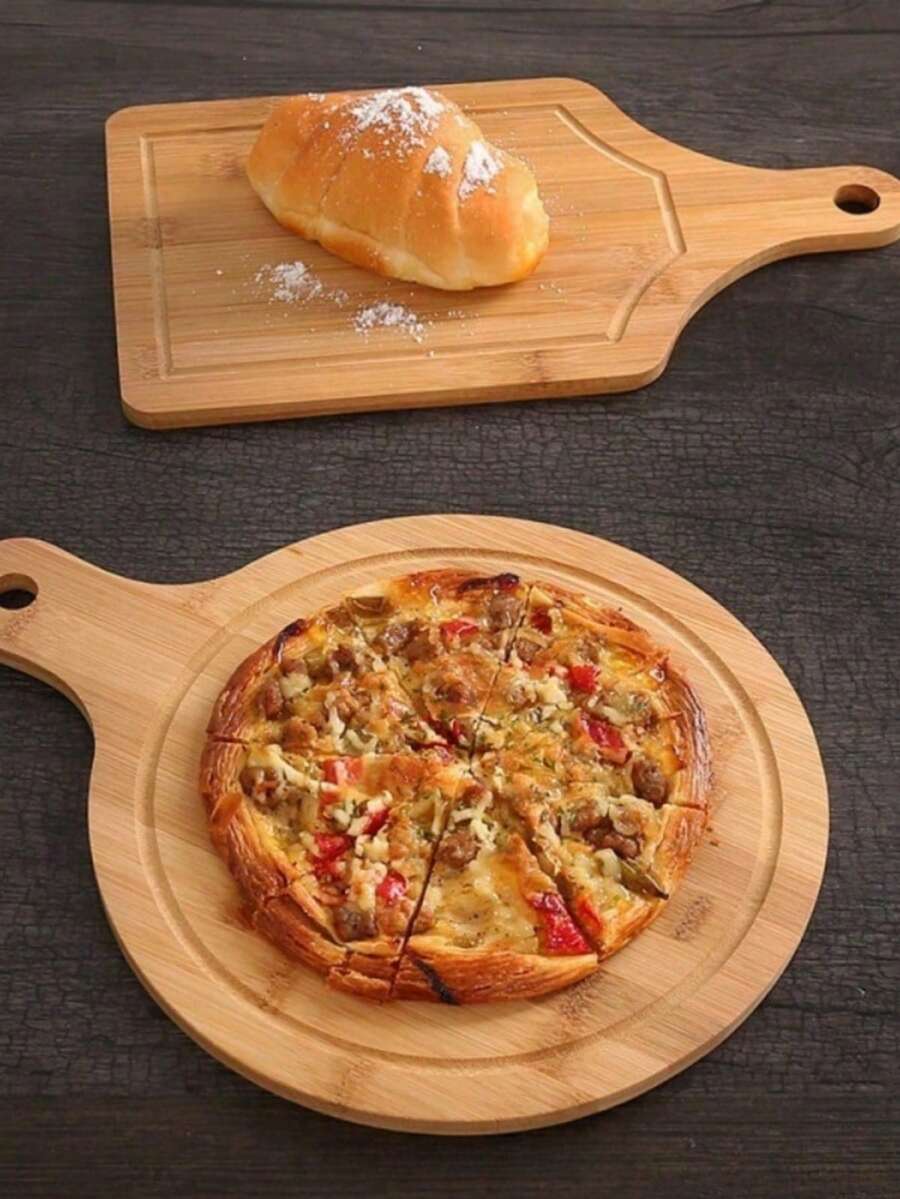 1-2pcs Wooden Dinner Plates, Wooden Trays, Home Pizza Plates, Western Dinner Wooden Plates, Snack Plates, Steak Dinner Plates, Bamboo Pizza Wooden Trays, Sushi Trays, Pizza Baking Plates, Kitchen Supplies - Yellow - View 1