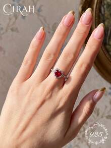 1pc Half Heart Shaped Rhinestone Inlaid Black & Red Ring, Exquisite Women's Jewelry, Anniversary Birthday Gift - Antique Silver - View 5