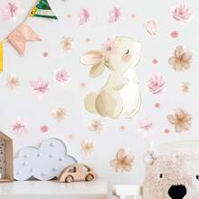 Cute Rabbit, Butterfly & Floral Cartoon Wall Stickers, Self-Adhesive Wallpaper Decor For Bedroom, Nursery - A - View 9