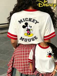 Disney Cute Mickey Mouse Book Holding Varsity Style Graphic T-Shirt, Women's Casual Red Trim Short Sleeve Top For Summer - trắng - Xem 2