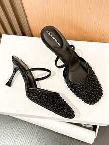 Xin Jing Shoes 女款優雅休閒性感派對細高跟鞋 時尚百搭圓頭網布通勤中跟涼鞋 - 黑色 - 查看 10