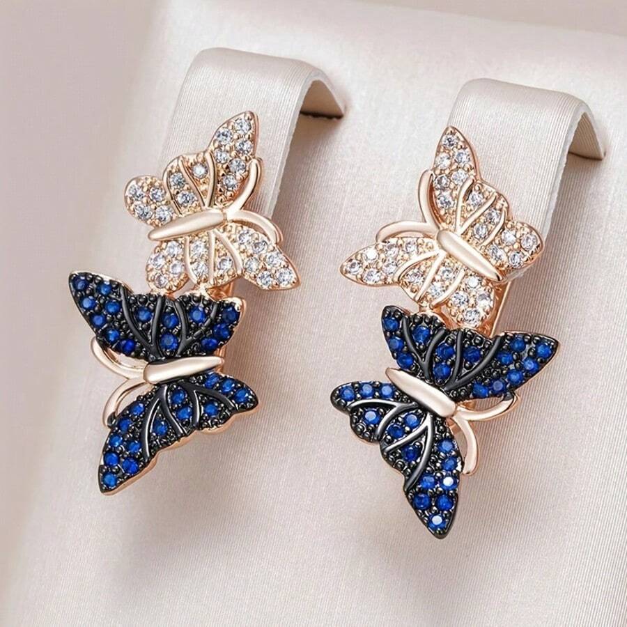Vanel 1 Pair Elegant Gold Minimalist Earrings, Shimmering Dual-Tone Butterfly CZ Design, Fashionable For Women's Daily Wear And Evening Events - Golden Yellow - Blue - White - View 1
