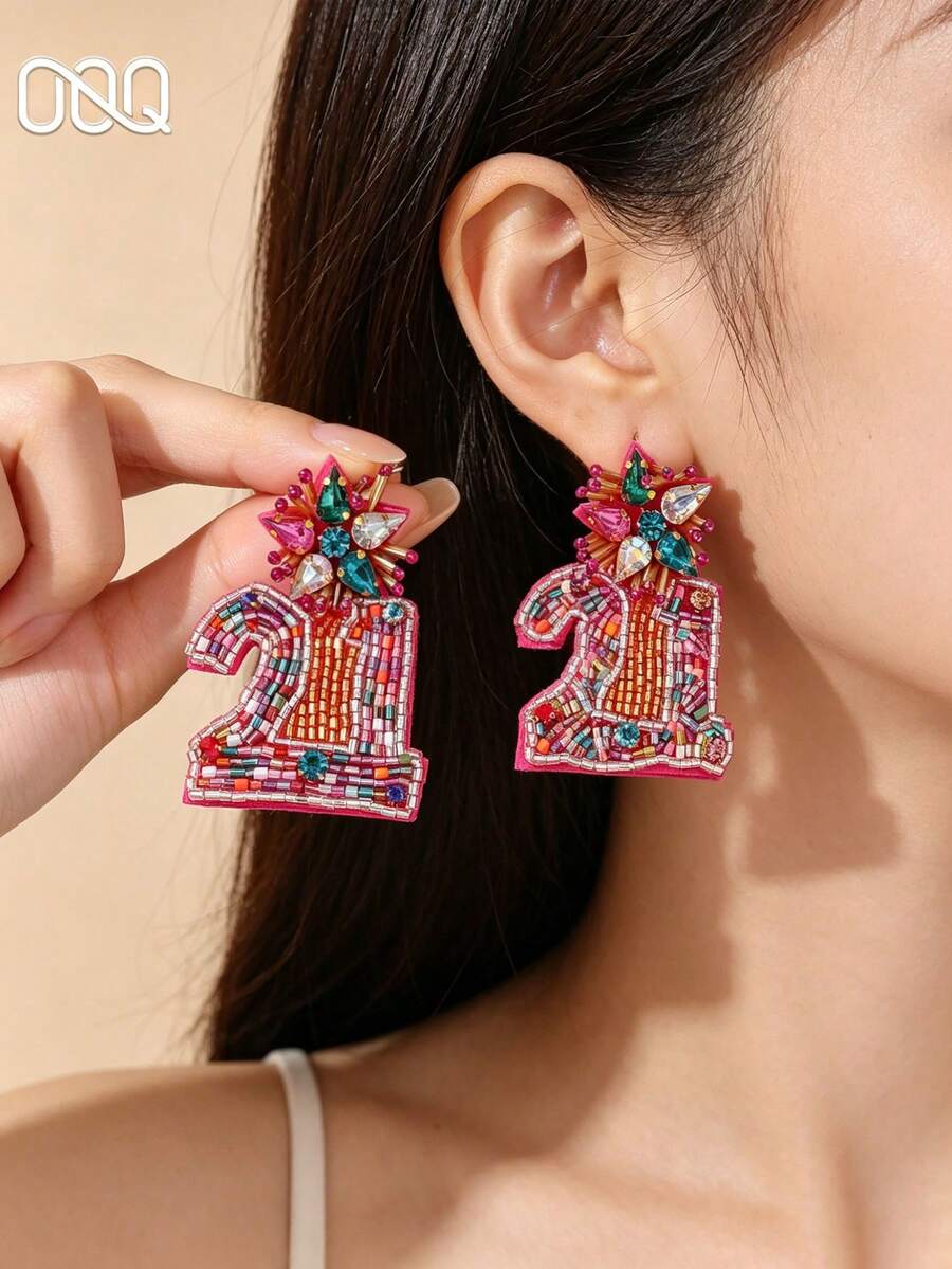 OOQ 1 Pair Fuchsia 3D Numeric Beaded Earrings, Exaggerated Elegant Design, Handmade, Suitable For Party, Holiday, Prom (Handmade Beads Color, Quantity, And Placement Are Random) - Color 21 - View 1