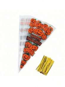 Funny 50 Pack Halloween Plastic Bags Halloween Cellophane Bags With 50 Golden Ties Halloween Party Favors There Are 5 Styles To Choose From Valentine's Day, Halloween,, Thanksgiving, Autumn, Easter And Birthday Gifts - Pumpkin Bag - View 6