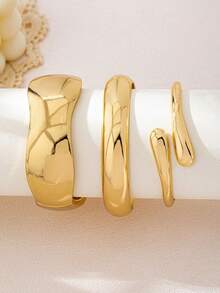 1/3 Piecesminimalist Geometric Asymmetric Teardrop Shaped Metal Bracelet Set, Made Of Thick Pure Gold Alloy Material, Suitable For Teenagers - Multicolor - View 11